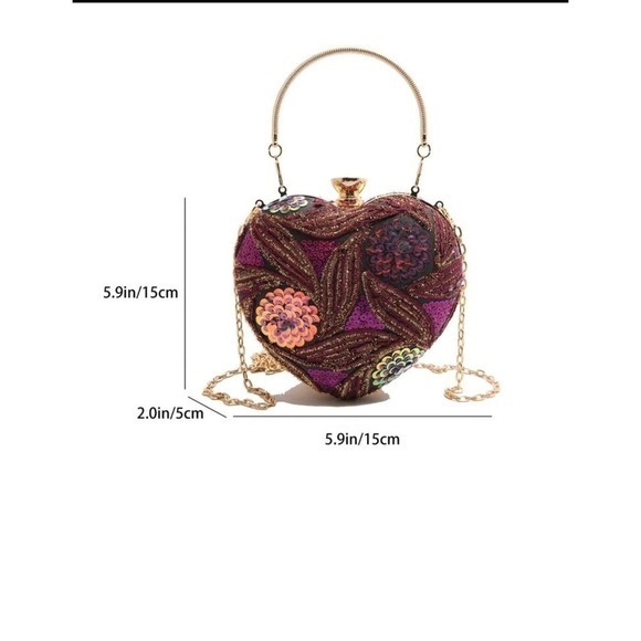 New Heart-Shaped Sequin Evening Clutch – Floral Embroidery with Gold Chain - Picture 4 of 4